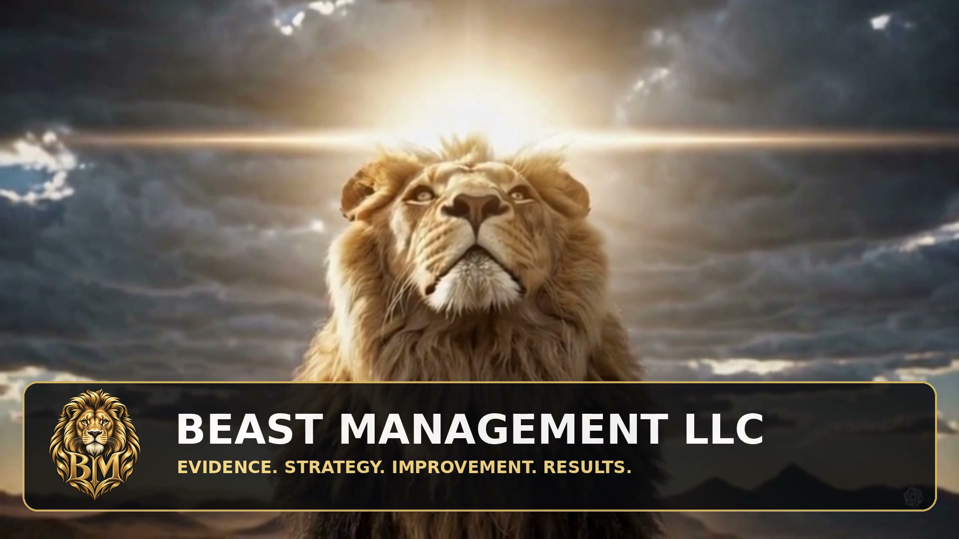 Beast Management LLC, lion and BM logo. Evidence. Strategy. Improvement. Results.